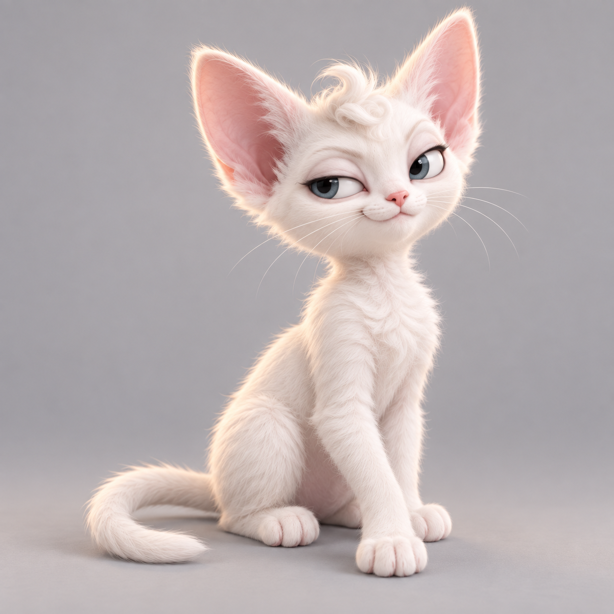 Dynna 2.0, a white kitten with a curled forelock, large pink ears and a knowing sideways glance.