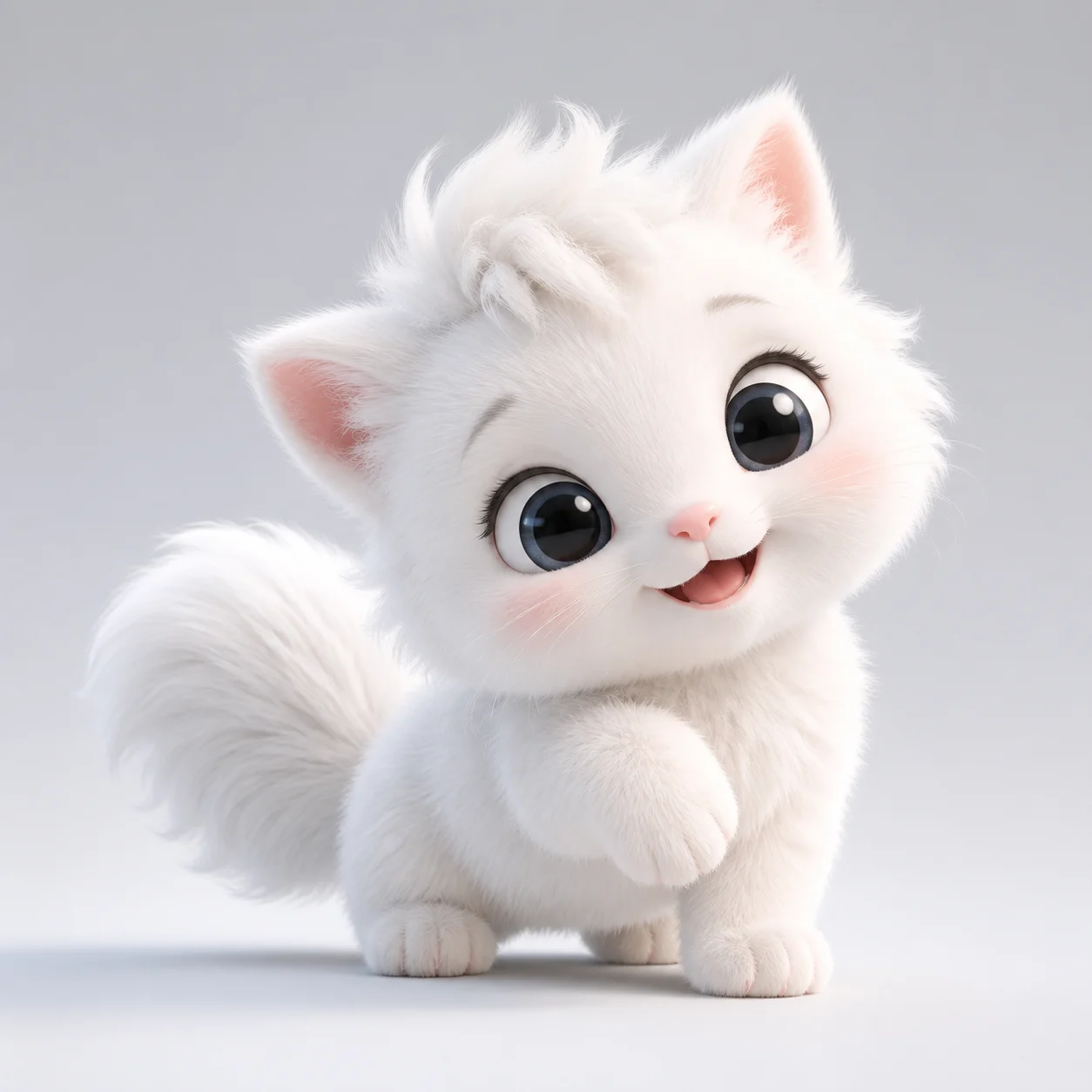 Dynna, a fluffy white kitten with a curled forelock, reaching a little paw toward you.